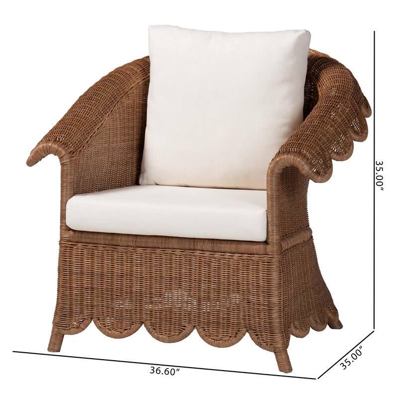Detta Natural Rattan Armchair - Handwoven Wicker Chair with Rolled Arms and Scalloped Skirt Base, Boho Coastal Style