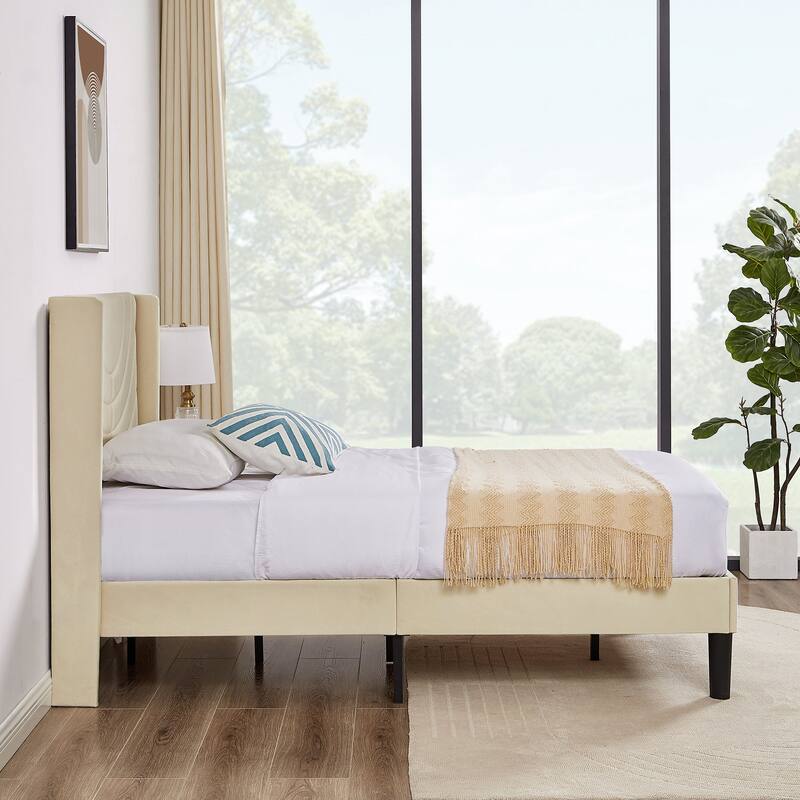 Javlergo Upholstered Bed Frame with Wingback Panel Headboard, No Box Spring Needed