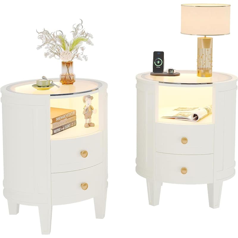 Oval White Nightstand Bedside Table with 2 Drawers and Light - 2PCS - 2-drawer