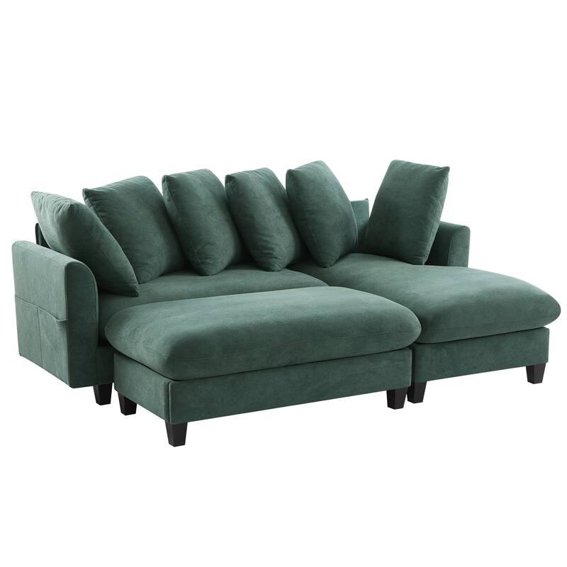 Chenille Sectional Sofa L-shaped Sofa with Movable Ottoman, Upholstered Sectional Sofa with 6 Throw Pillows, Bottom storage