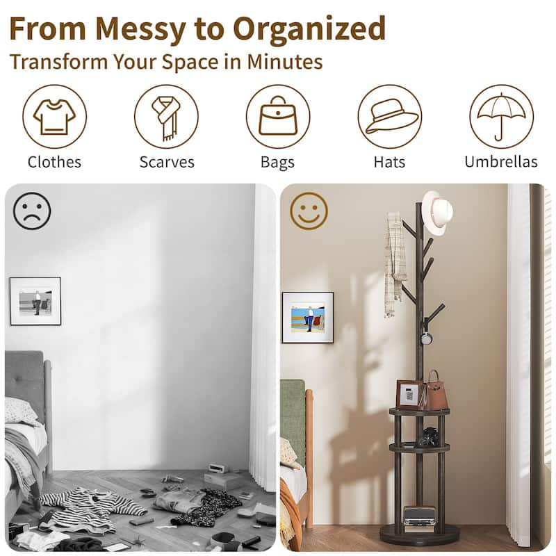 VECELO Modern Freestanding Coat Rack with 6 Branch Hooks Double Shelves, and Shoe Storage for Entryway Living Room Bedroom