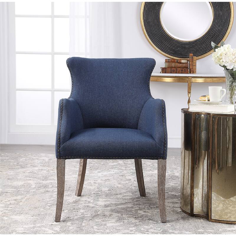 37" Yareena Denim Blue Wing Chair Tapered Oak Legs Bronz Nailhead Trim