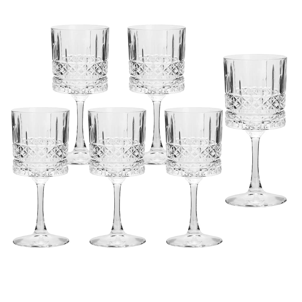 Lorren Home Trends Happy ware Red Wine Glasses, Set of 6, 13oz, Crystal-Cut Textured Finish, 7.75" Tall