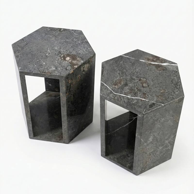 Roomfitters Luxury Natural Marble Hexagon Side Table, Solid Stone Geometric Pedestal End Table, Polished Finish