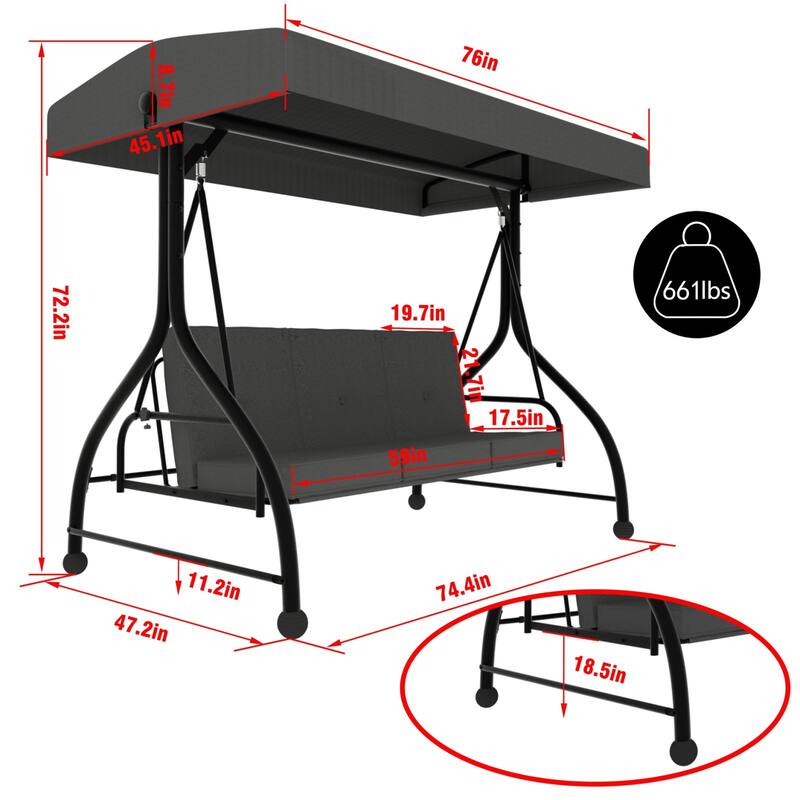 VEIKOUS Outdoor 3-Person Patio Porch Swing with Adjustable Canopy and Cushions