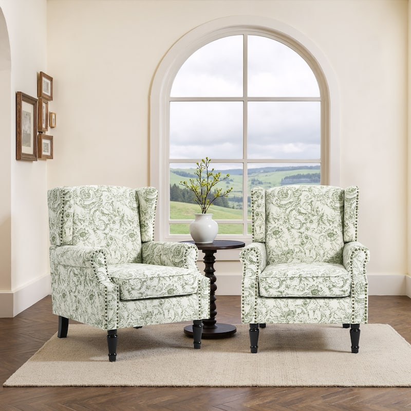 Set of 2 Patterned Upholstered Accent Chair for Living Room - ROCOCO GREEN