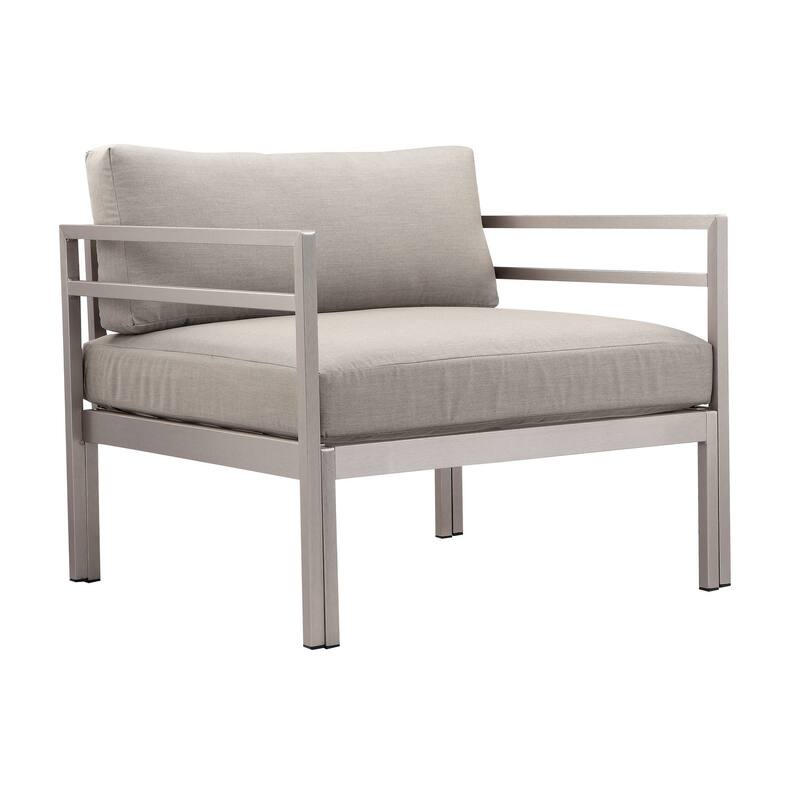 Billy 34 Inch Modern Outdoor Armchair, Gray Aluminum Frame, Fabric Cushions - Grey