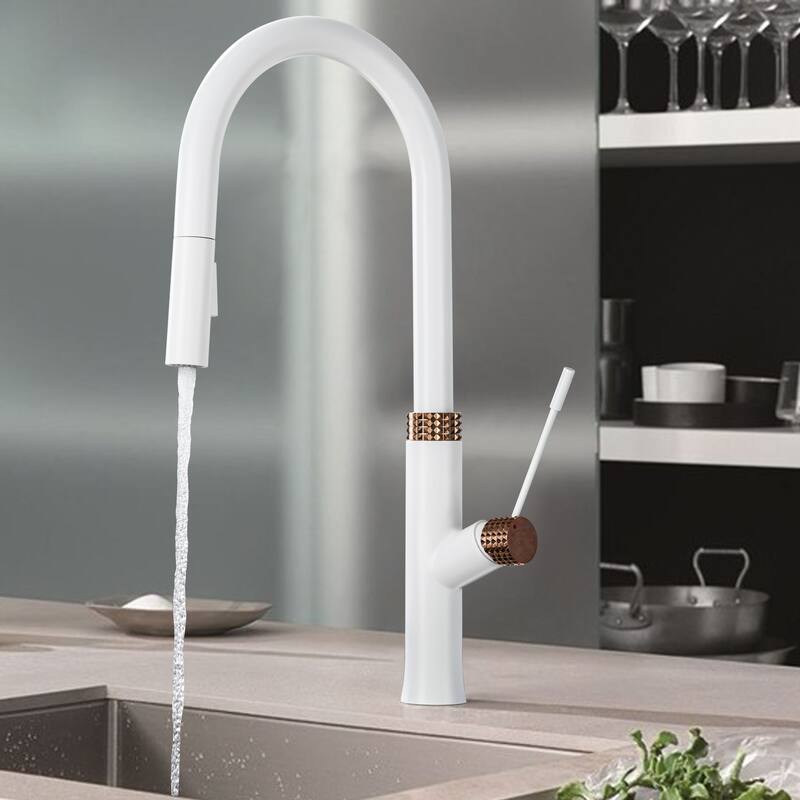 19"H Solid Brass High-Arc Single Handle Gooseneck Pull Down Sprayer Kitchen Faucet