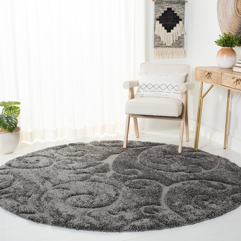 SAFAVIEH Florida Shag Shahin Scroll 1.2-inch Thick Textured Rug - 6'7" Round - Grey