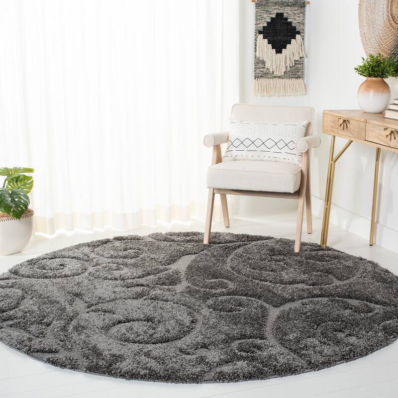 SAFAVIEH Florida Shag Shahin Scroll 1.2-inch Thick Textured Rug - 6'7" x 6'7" Round - Grey