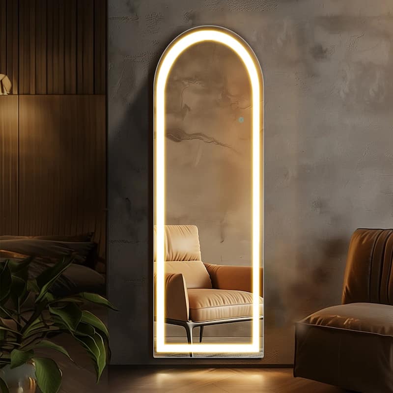 Arched Full Length Mirror with LED Lights, 26"x71" Lighted Floor Mirror with Dimming & 3 Color Lighting, Stand