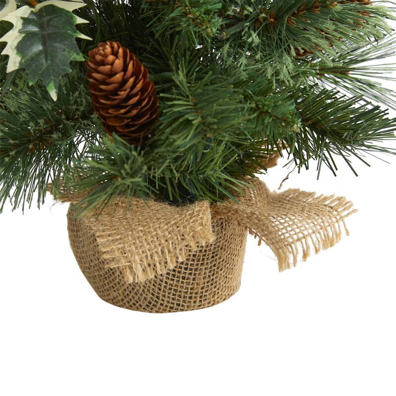 Pre-Lit Potted Pine and Pinecones Artificial Christmas Tree - 18” - Clear Lights - Tabletop