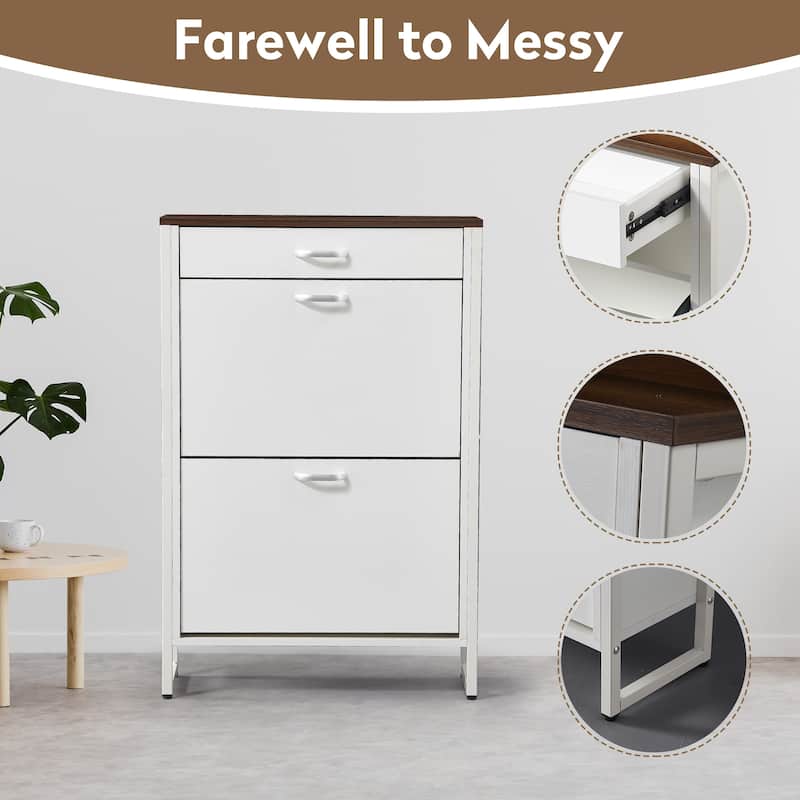 Wood Shoe Storage Cabinet for Entryway, 2 Flip Drawers Shoe Rack, Freestanding Hidden Shoe Organizer Holds up to 10 Pairs