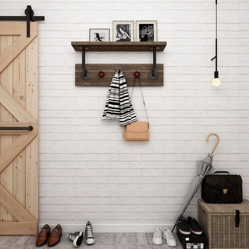 DH BASIC Industrial Reclaimed Oak Metal 3-Hook Wall Shelf by Denhour - Reclaimed Oak