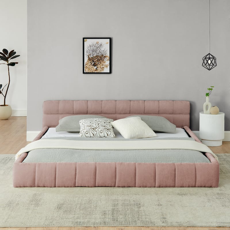 Block Thick Chenille Low Profile Platform Bed Fabric Upholstered Bedframe with Headboard Solid Wood Frame - Optional Storage Bed
