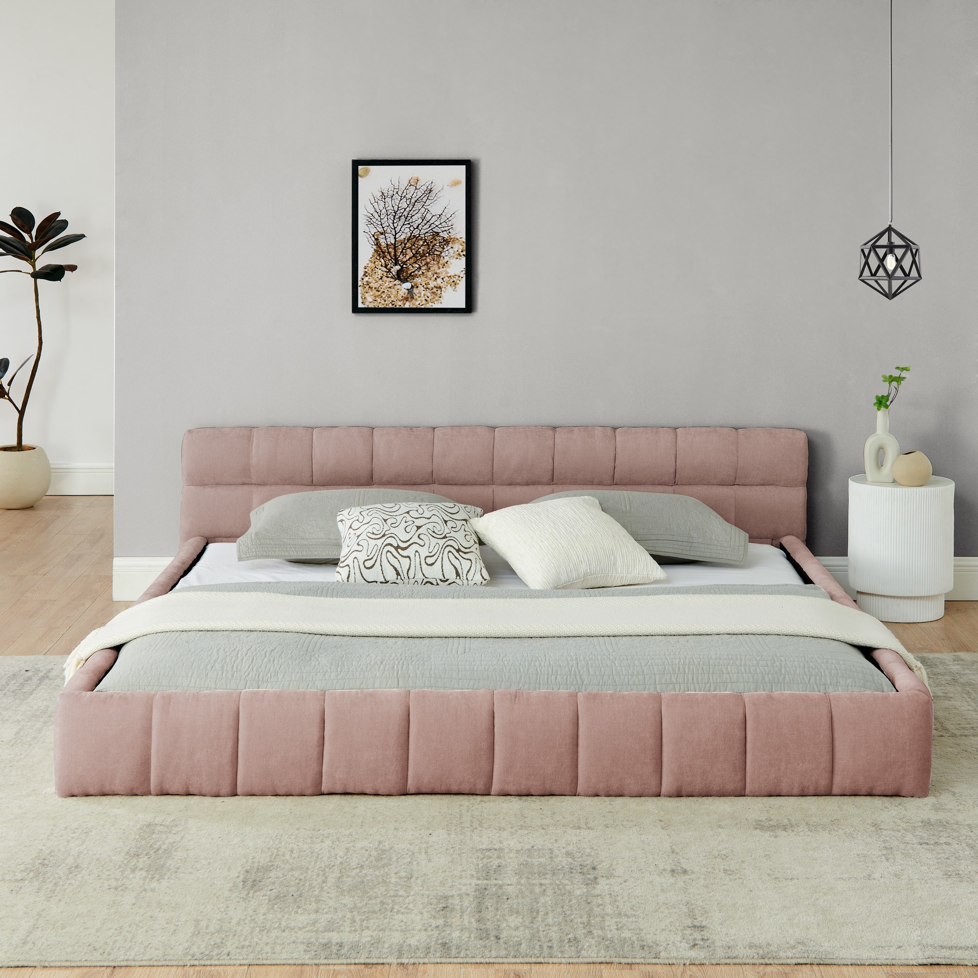 King Size Upholstered Floor Bed Frame with Thick Headboard, Chenille Fabric King Platform Bed w/Solid Frame, Wood Slats Support