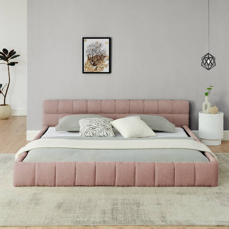 King Size Upholstered Platform Bed with Headboard, Pink Chenille Fabric, No Box Spring Needed