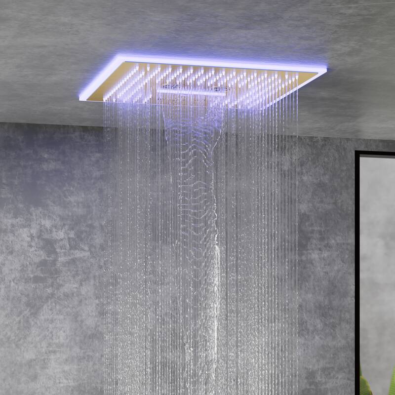 Shower Faucet System 16" Ceiling Mount Shower Head 3 Spray Modes Body Jets Handheld Spray with Slide Bar LED Music