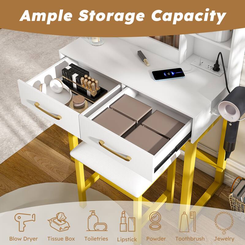 Vanity Desk with LED Mirror & Stool, Makeup Vanity Table with Power Outlet, Drawer & Open Shelves, Small Dressing Table Set