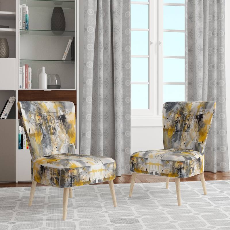 Designart "Yellow and Grey Beyond The Canvas I" Upholstered Abstract Accent Chair and Modern & Contemporary Arm Chair - Side Chair