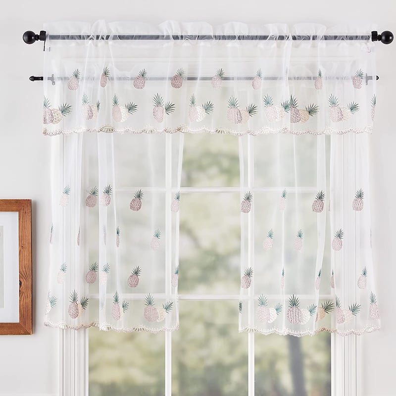 Violet Linen Lyon Pineapple Tropical Boutique Lace, 3pc Set 60"x 18" Valance, 30"x 36" Tiers, Decorative Window Kitchen Curtain