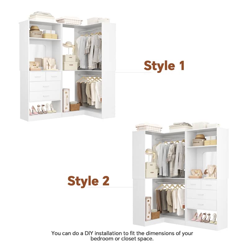 Cimly Set of 2 Corner Closet System WITH Drawers, Freestanding Closet Organizer with Hanging Rods and Shelves