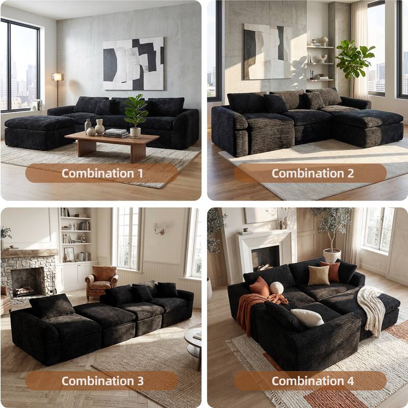 Corduroy Sectional Cloud Couch with Ottoman, 30 High-Density Boneless Sponge Sofa, L-Shape Deep Seat Corner Sofa