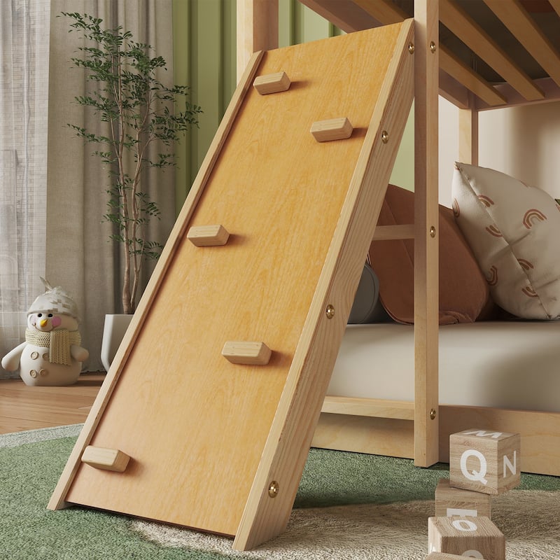 Fun Twin Over Twin Floor Bunk Bed with Climbing Ramp & Ladder, Durable Pine Wood Frame