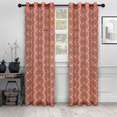 Superior Decorative Quatrefoil Embroidered Sheer Curtain Set with 2 Panels