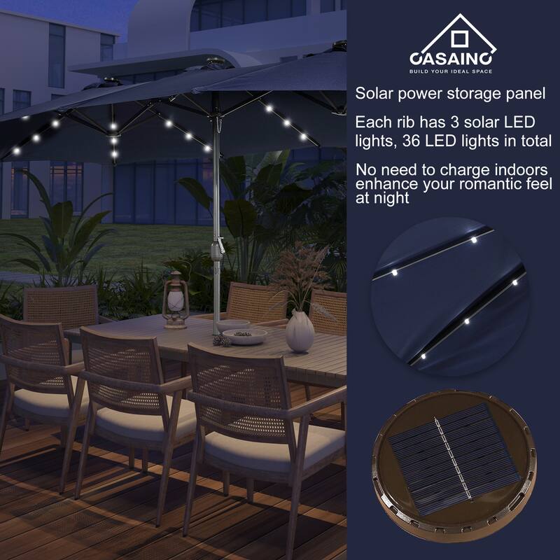 15-ft. Rectangular Crank Double-sided Outdoor Market Umbrella Solar LED Lighted Patio Umbrella with Base Included