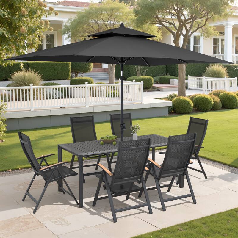 9/11-Piece Outdoor Patio Dining Set Aluminum Dining Table and Chairs w/10 ft Market Umbrella and Base with Wheels - Set of 9 - Grey Table with Black Umbrella