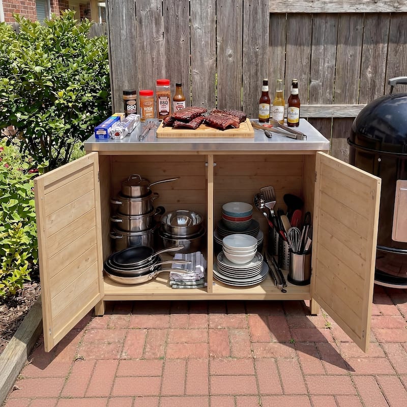 Modular Outdoor Kitchen Island Set, 100% Solid Wood BBQ Cabinet , Patio Kitchen Bar Table