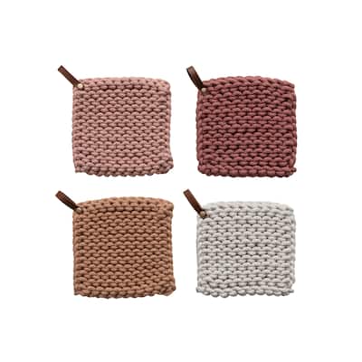Cotton Crocheted Pot Holder with Leather Loop Handle - 8.0"L x 8.0"W x 0.5"H