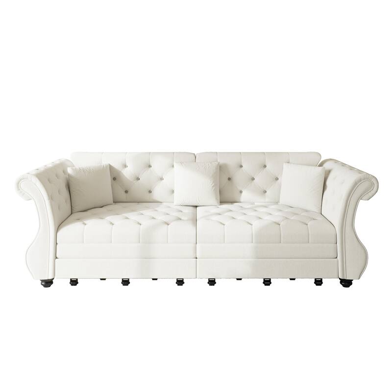 Chesterfield Pull Out Sofa Bed, Oversized 3-Seater/4-Seater Velvet Couch with Flared Arms, Convertible Sleeper Sofa