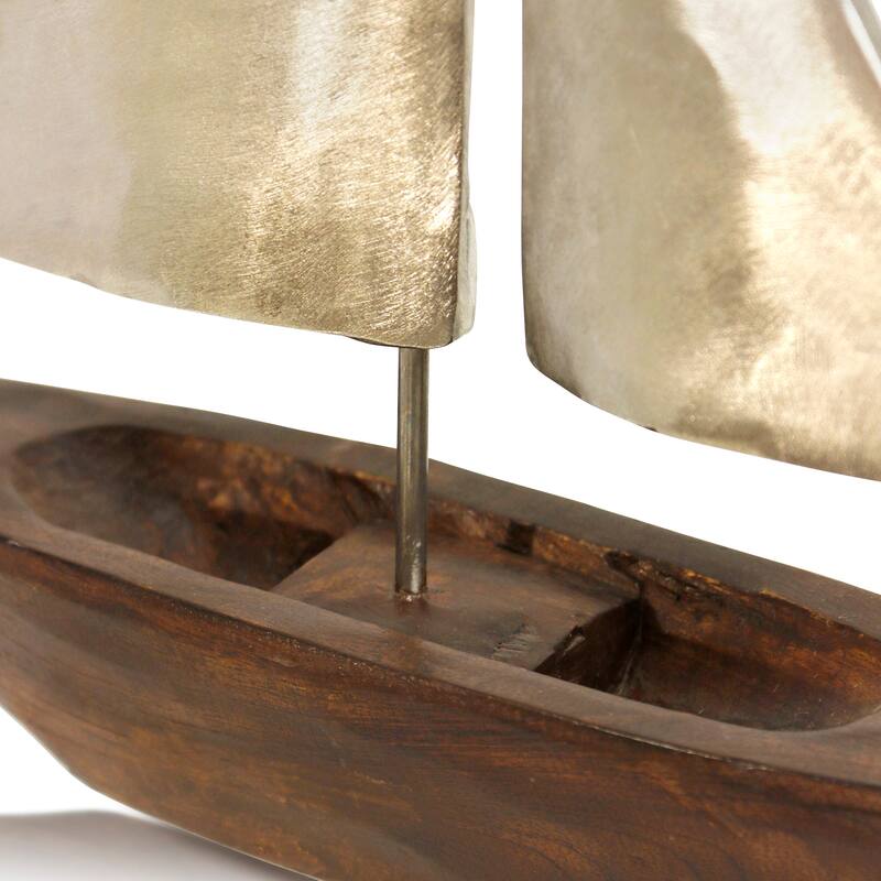Large Pewter Sails - Natural Stained Wood Base Boat Sculpture with Pewter Metal Sails