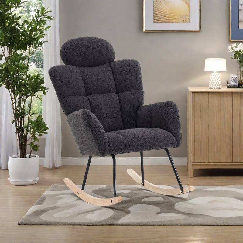 Teddy Fabric Nursery Rocking Chair with Headrest - Dark Gray