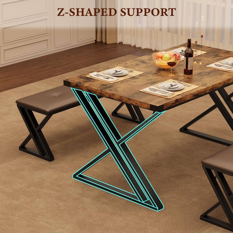 3 Piece Z-Shaped Leg Dining Table with 2 Benches, Space-Saving