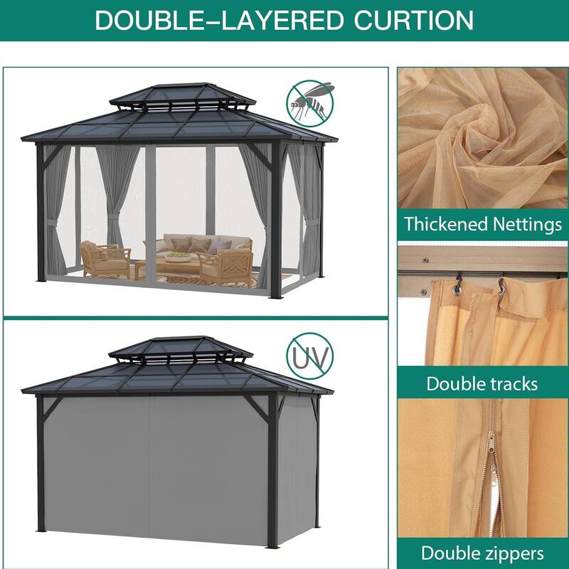 Hardtop Outdoor Double Roof Gazebo, Aluminum Frame Permanent Pavilion with Curtains and Nettin