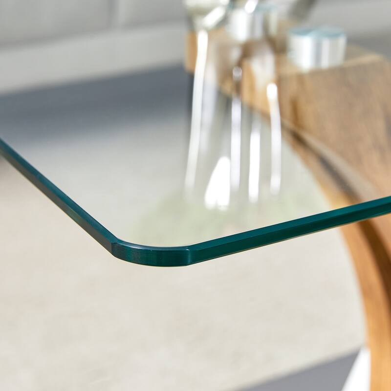 Roomfitters Glass Coffee Table with White and Wood MDF Legs, Rectangular Center Table for Dining or Living Spaces, White+Wood