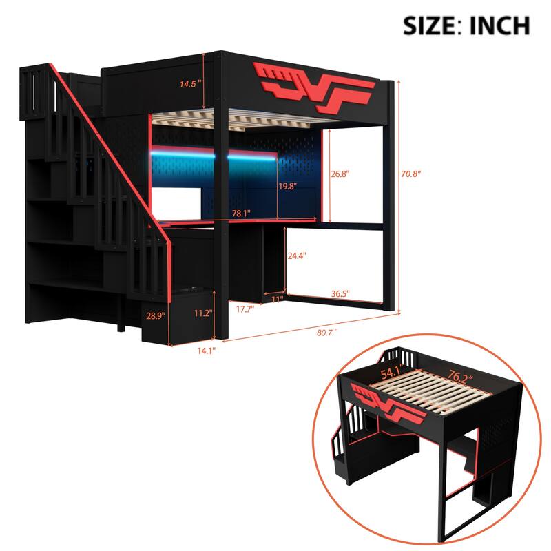 Full Size Gaming Loft Bed with Storage Staircase, Computer Desk, Storage Shelf, LED Lights and USB