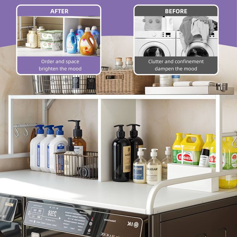 Moasis Laundry Countertop with Double-Layer Storage Shelf and 5 Built-In Hooks
