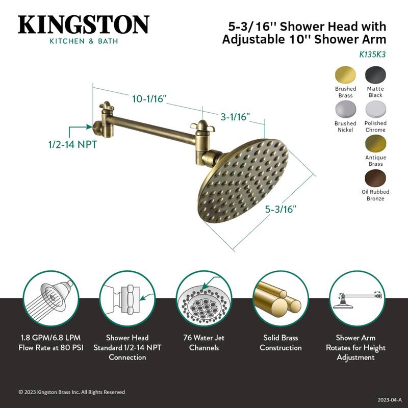 Kingston Brass Victorian 5-1/4 Inch OD Showerhead with 10-Inch Shower Arm