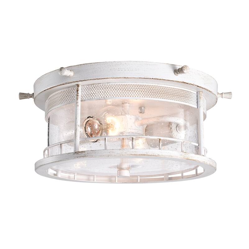 Antique White 2-Light Flush Mount with Caged Glass Shade