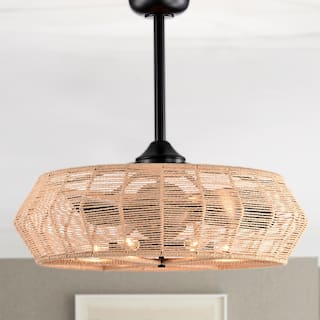 Akasha 28 Inch Rattan Rope 6 Light Fandelier with Remote (Beige Color)