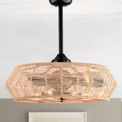 Akasha 28 Inch Rattan Rope 6 Light Fandelier with Remote (Beige Color)