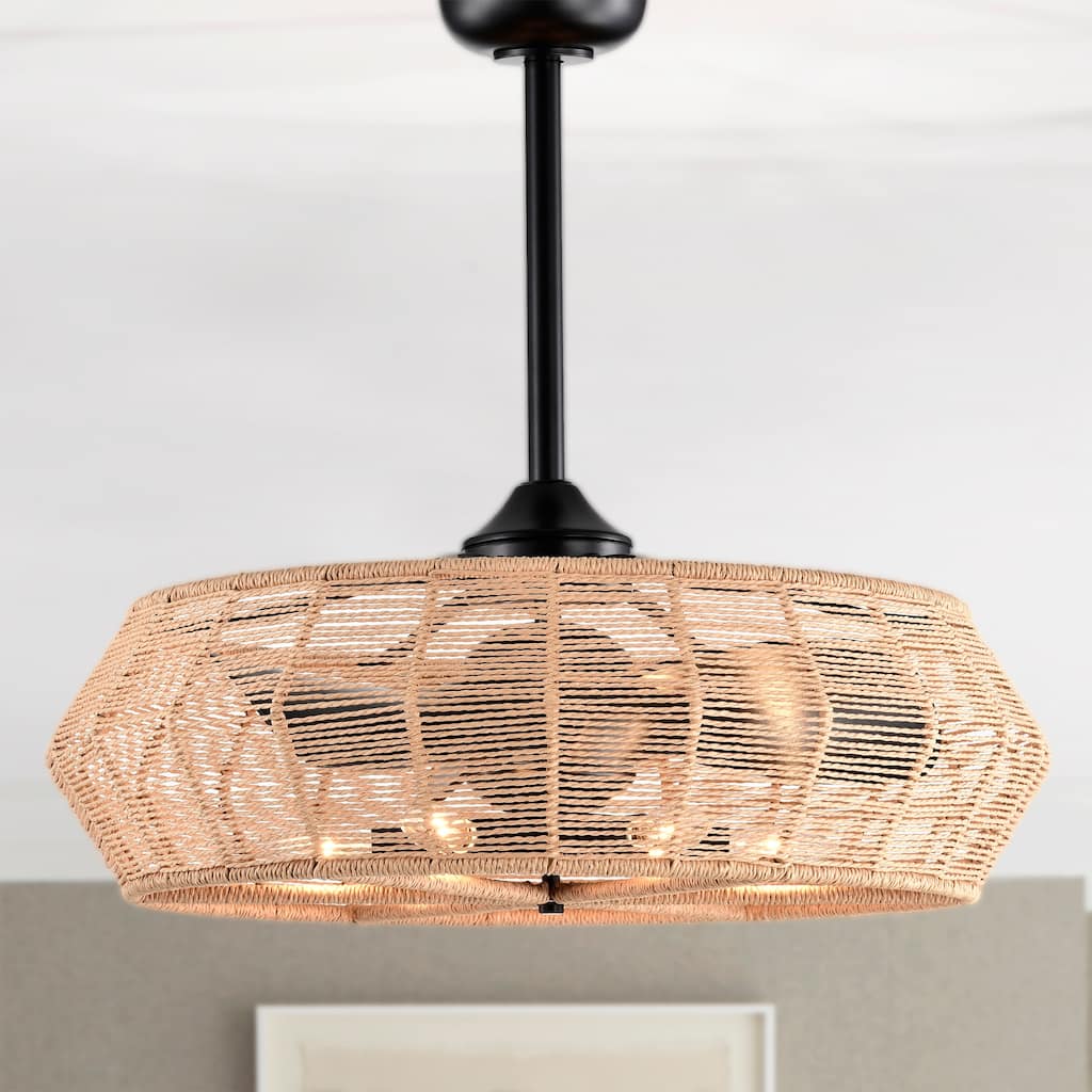 Akasha 28 Inch Rattan Rope 6 Light Fandelier with Remote (Beige Color)