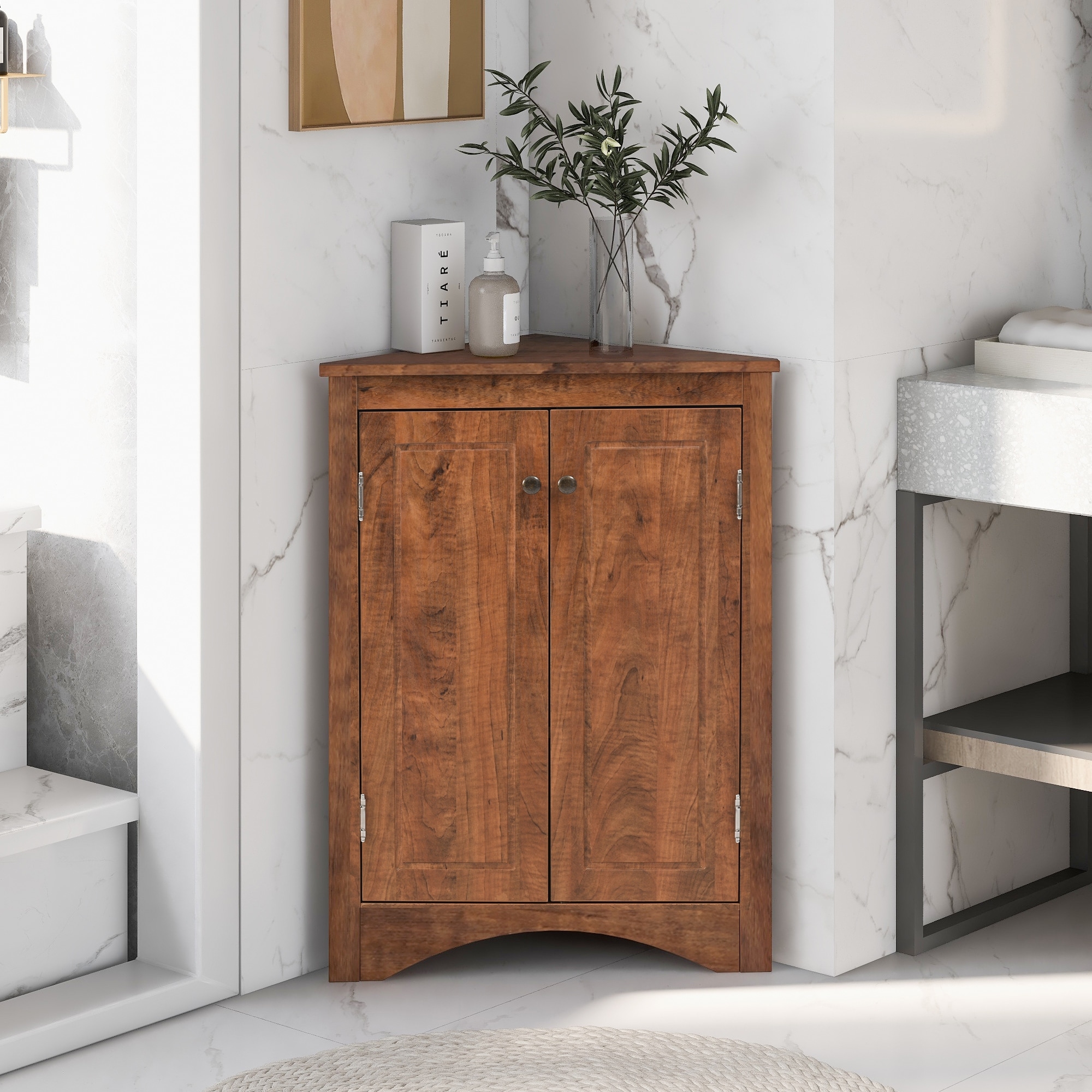 Adjustable-Shelf Triangle Cabinet – Freestanding Bathroom Storage for Home & Kitchen.