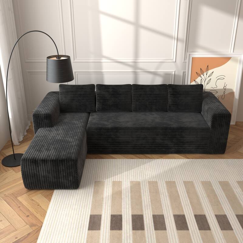 Corduroy Modular Deep Seat Couches L-shaped Chaise Sectional Sofa - Black
