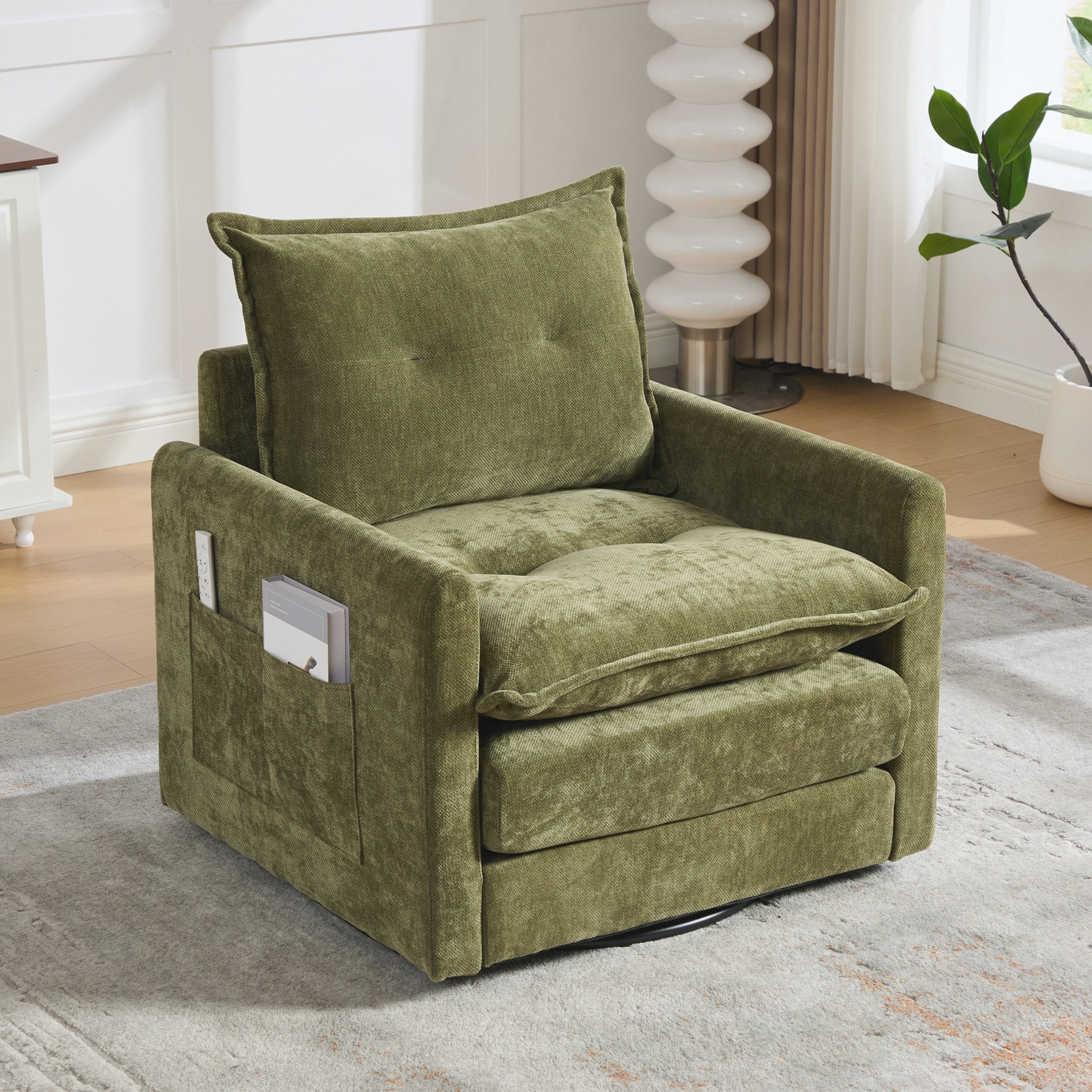 Swivel Barrel Chair - Mid Century Modern Chair, Thick Padded Arm Chair with Solid Metal Base