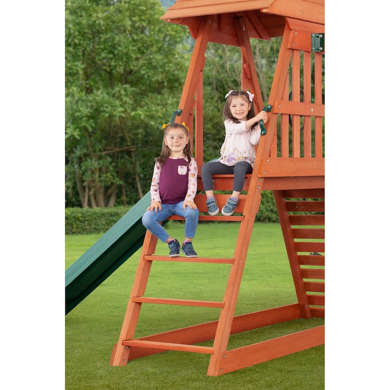 Cedar Chalet Wooden Swing Set with Slide, Climbing Wall & Ladder